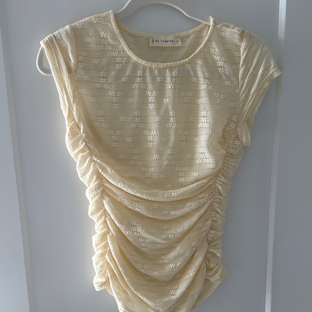 By Together Cream Cap Sleeve Lace Ruched Bodysuit